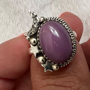 925 silver moon‎ & stars ring with purple lepidolite stone ring size 6 1/2